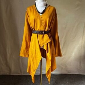 Golden Mustard Linen Waterfall Jacket Kimono Drape Cardigan Boho Artwear